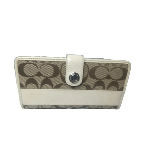 Coach Signature Stripe Checkbook Wallet Khaki~Brown~Cream Full Size - Picture 1 of 9